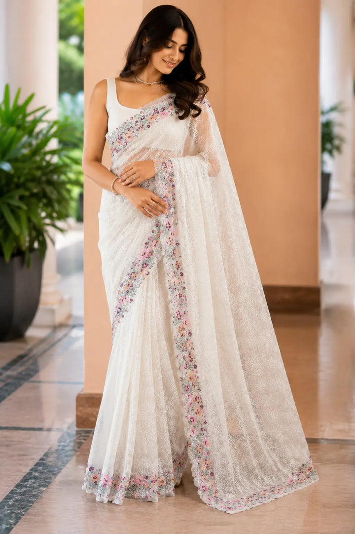 Off-White Kota Cotton Saree with Chikankari & Multicolour Floral Border Embroidery
