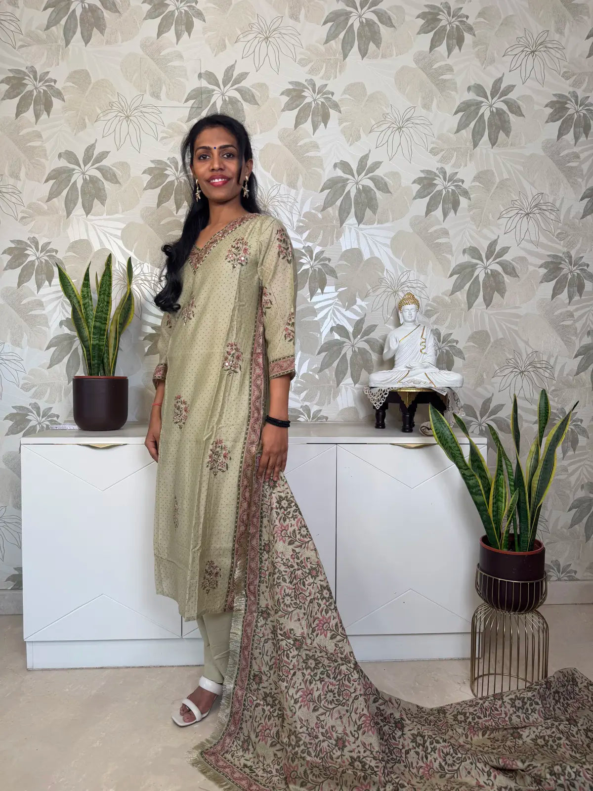 Olive Green Cotton Salwar Set with Traditional Block Print Dupatta