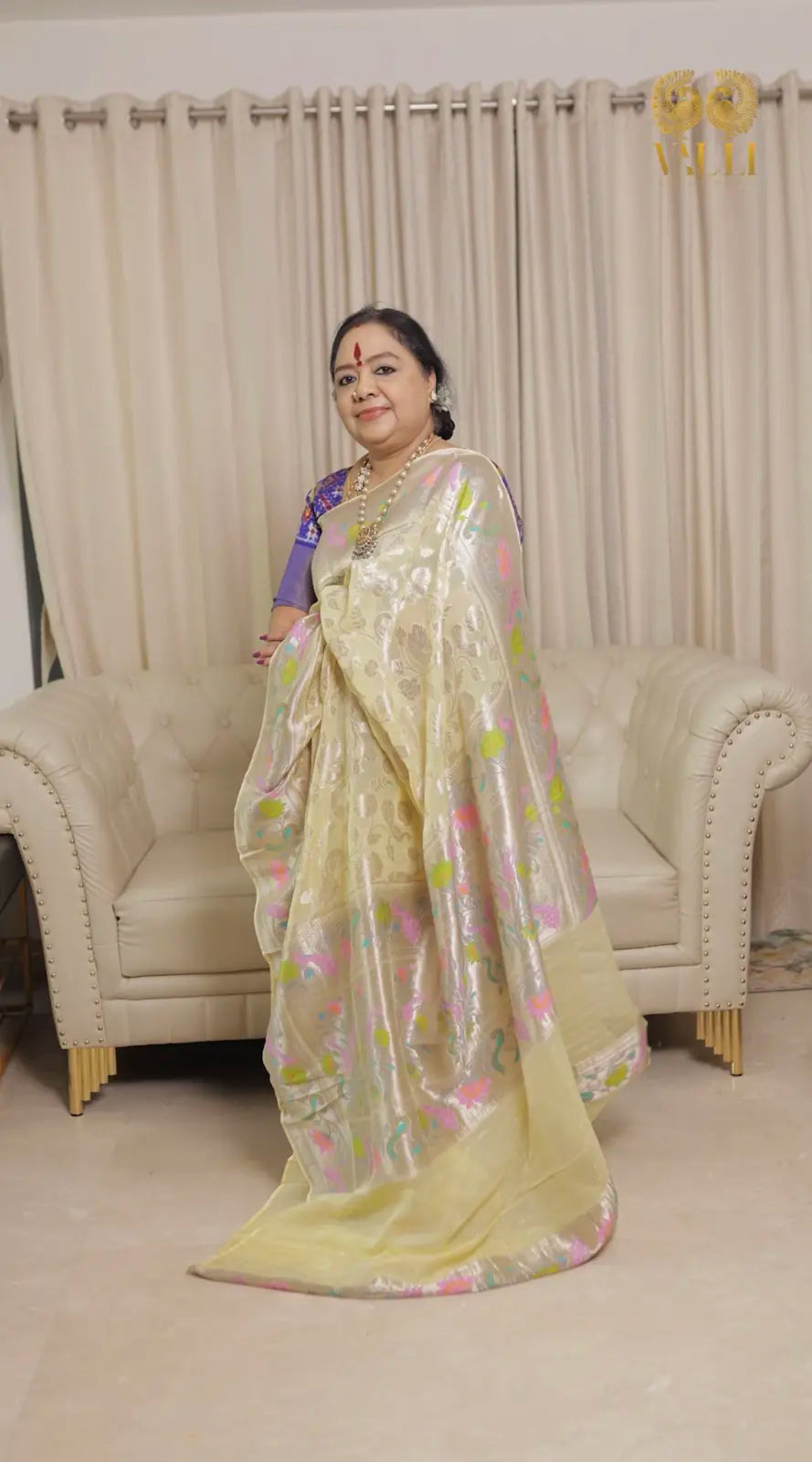 Soft Georgette Silver Jaal Paithani Saree - lemon yellow 