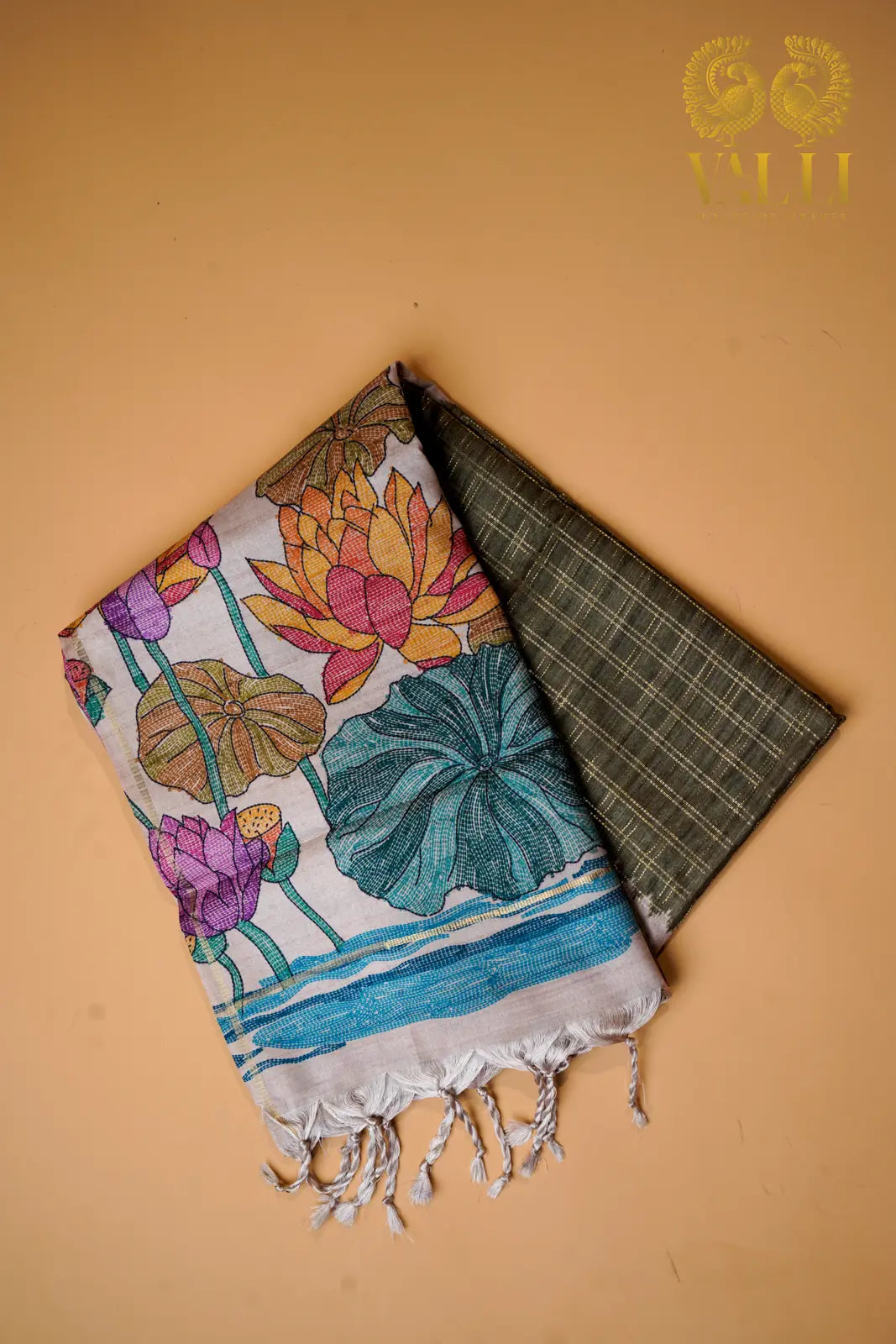 Tussar hand paint saree olive green 