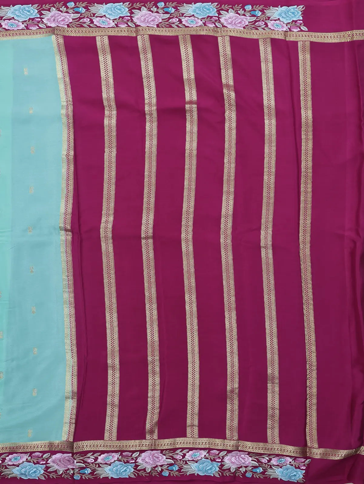 Valli’s Pista Green & Rani Pink | Pure Crepe Silk Embroidery Saree