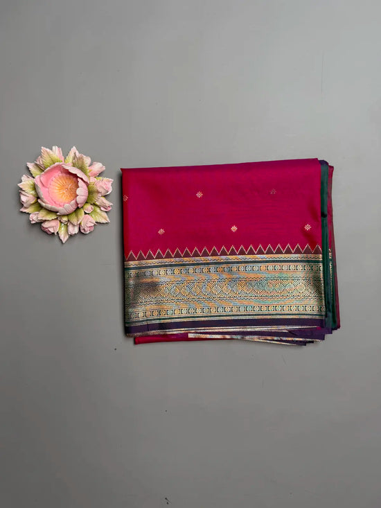 Rani Pink Kanchi Soft Silk Saree with Bottle Green Contrast Border