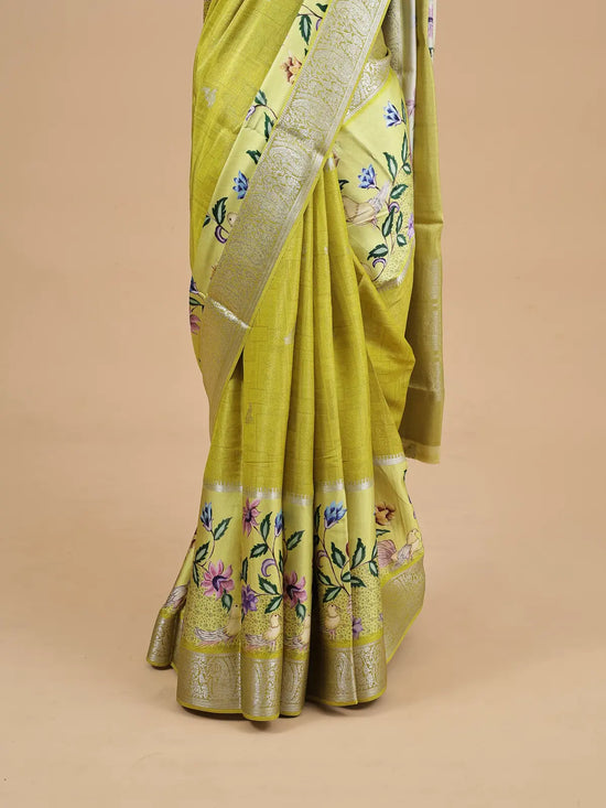 Semi Crepe Silk Saree with Digital Print & Gold Stripe Pallu - Kamakshi Crepe