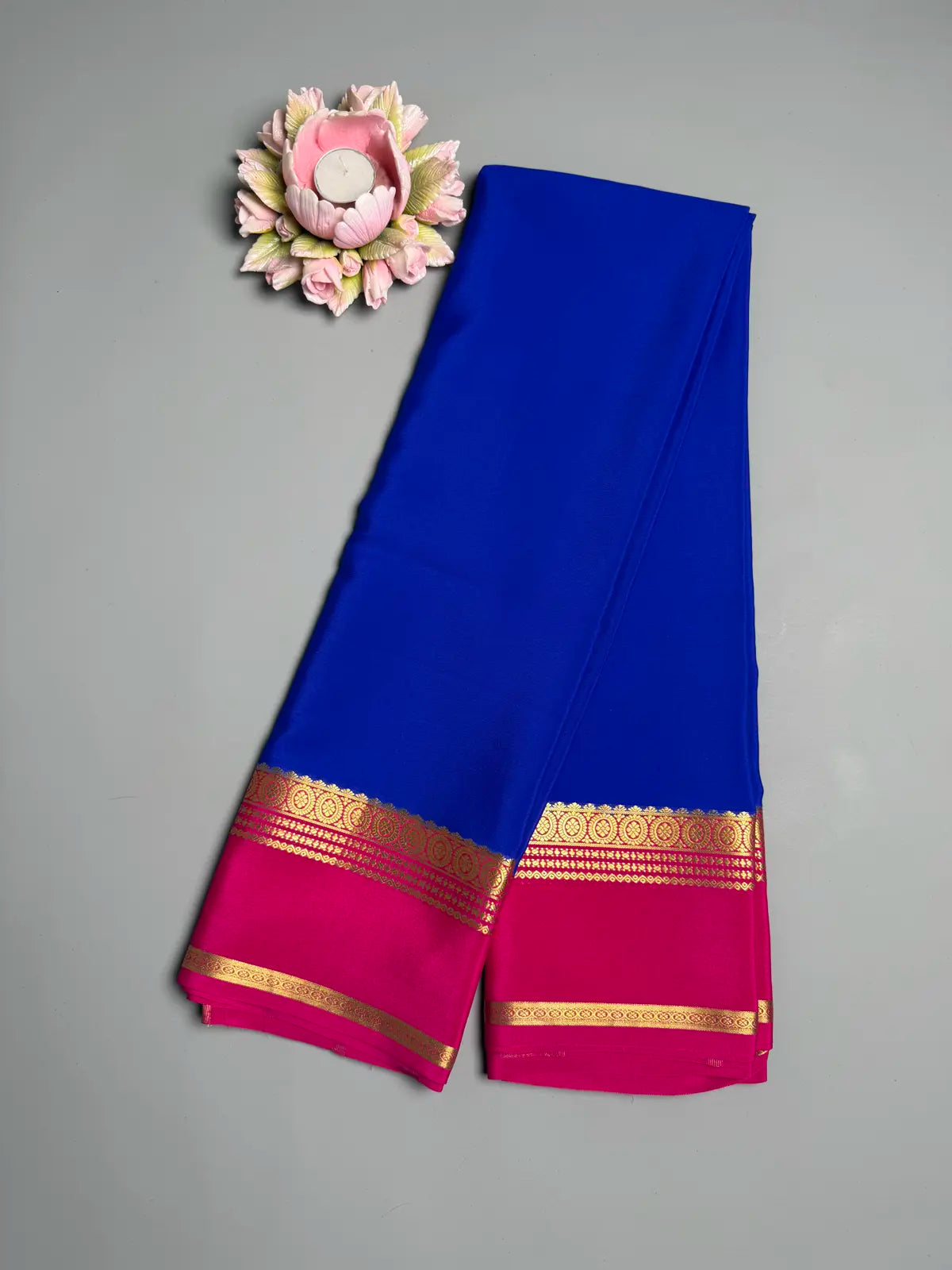 Royal Blue pure Mysore Crepe Silk Saree with Rani Pink 