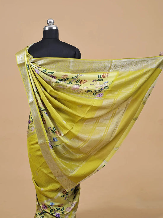 Semi Crepe Silk Saree with Digital Print & Gold Stripe Pallu - Kamakshi Crepe