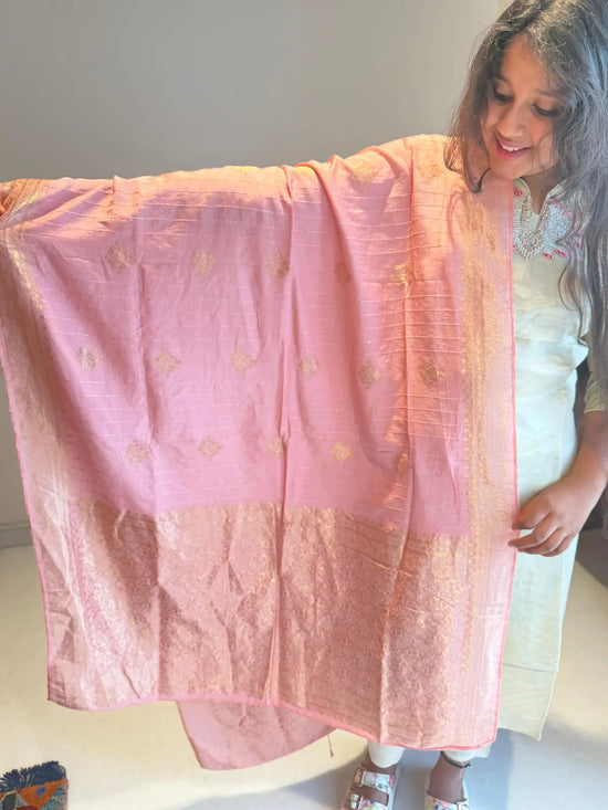 Tissue ivory salwar set baby pink dupatta