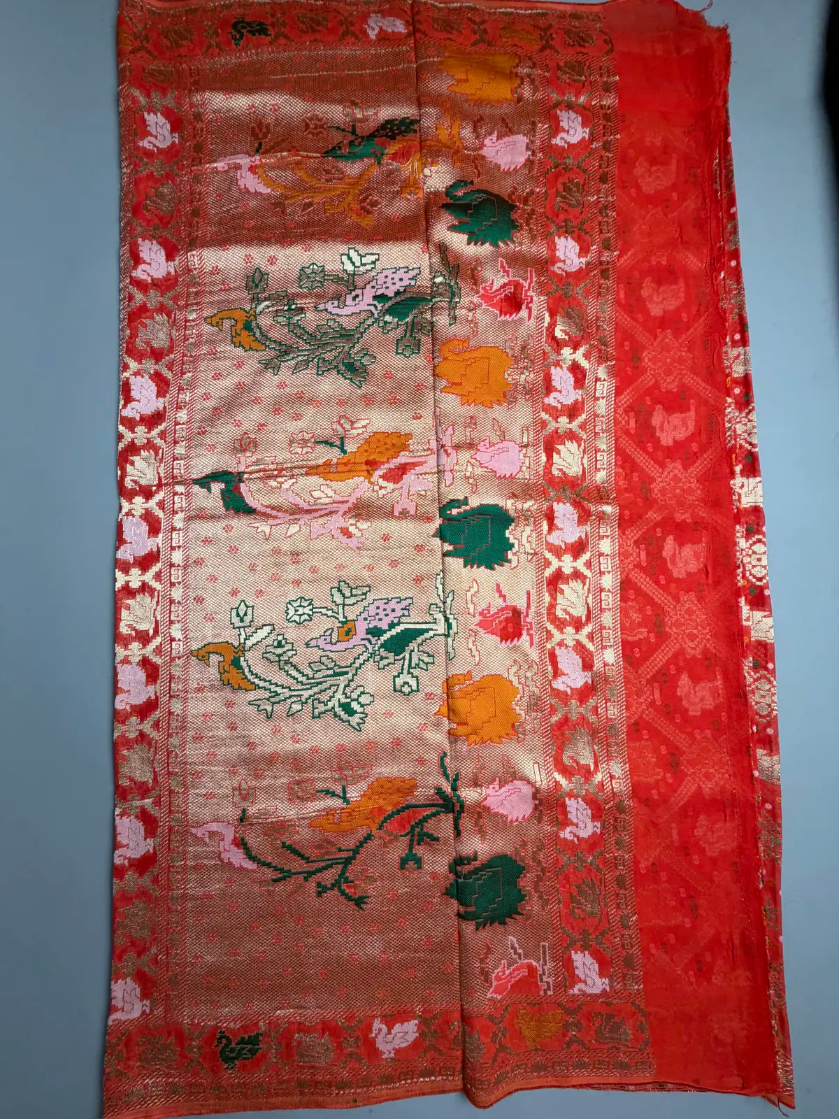 Vibrant Orange Banarasi Georgette Silk Saree with Bird Jaal Weave