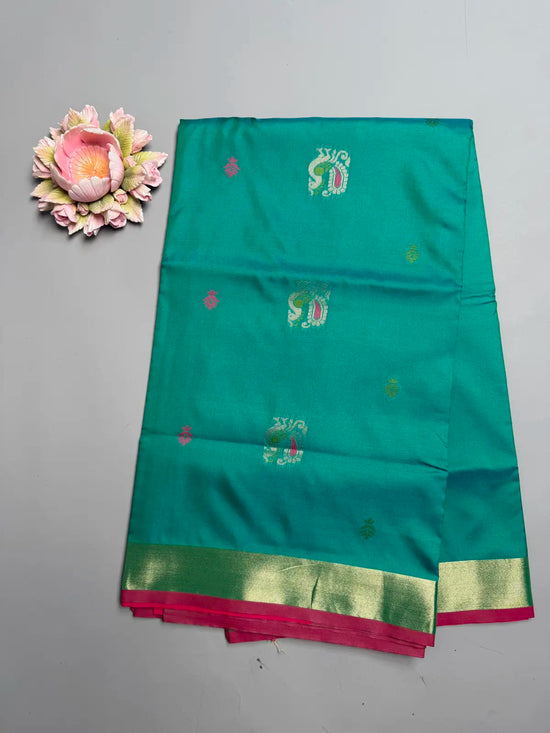 Peacock  motif soft silk Teal green Semi Silk Saree with Rich Jacquard Pallu