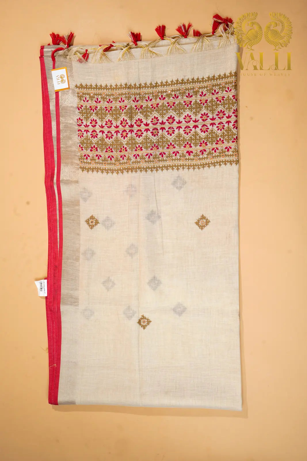 Tissue Linen Saree – Hand Knot Threadwork Pallu with Red Selvedge Border