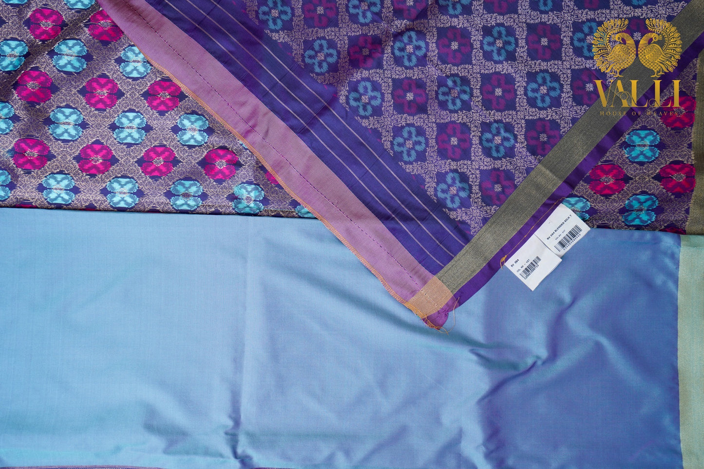 Teal blue  Saree with Heavy Ikat dark blue Pallu & Zari Border