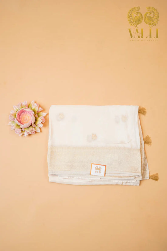 White satin crepe with gold Zari border