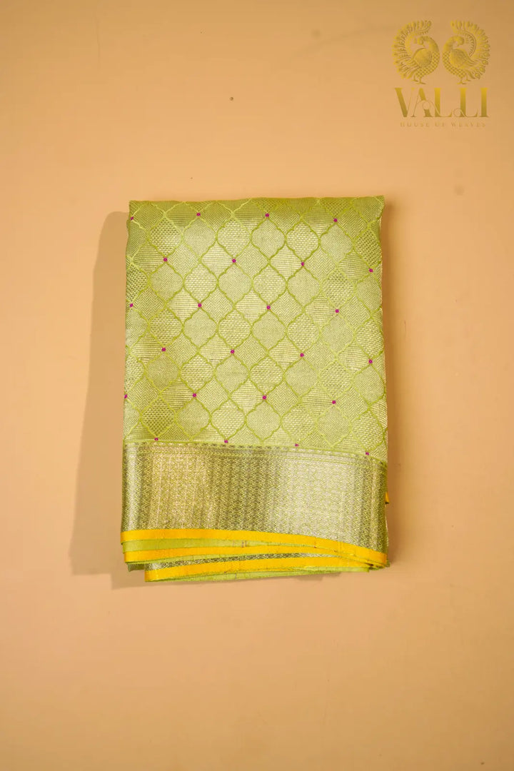 Lime Green Banarasi Crepe Silk Saree with Yellow Selvage