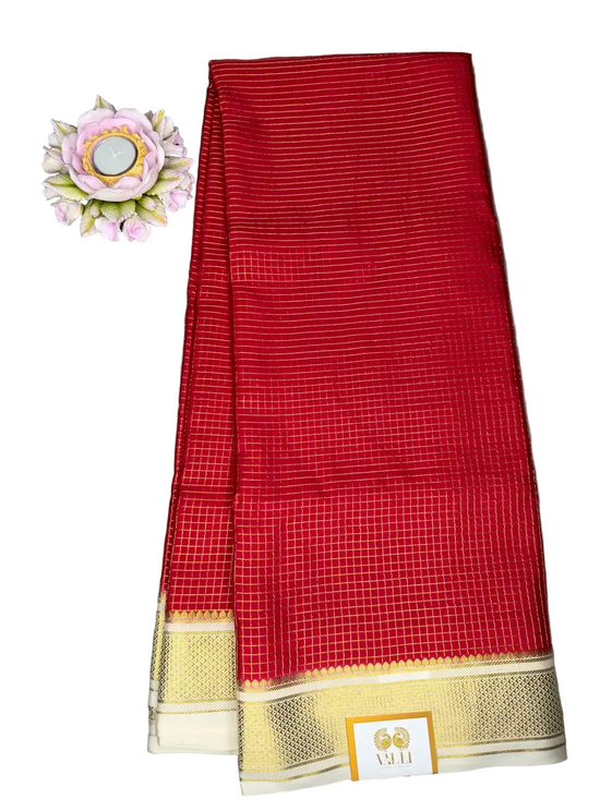 Red checks pure crepe silk saree