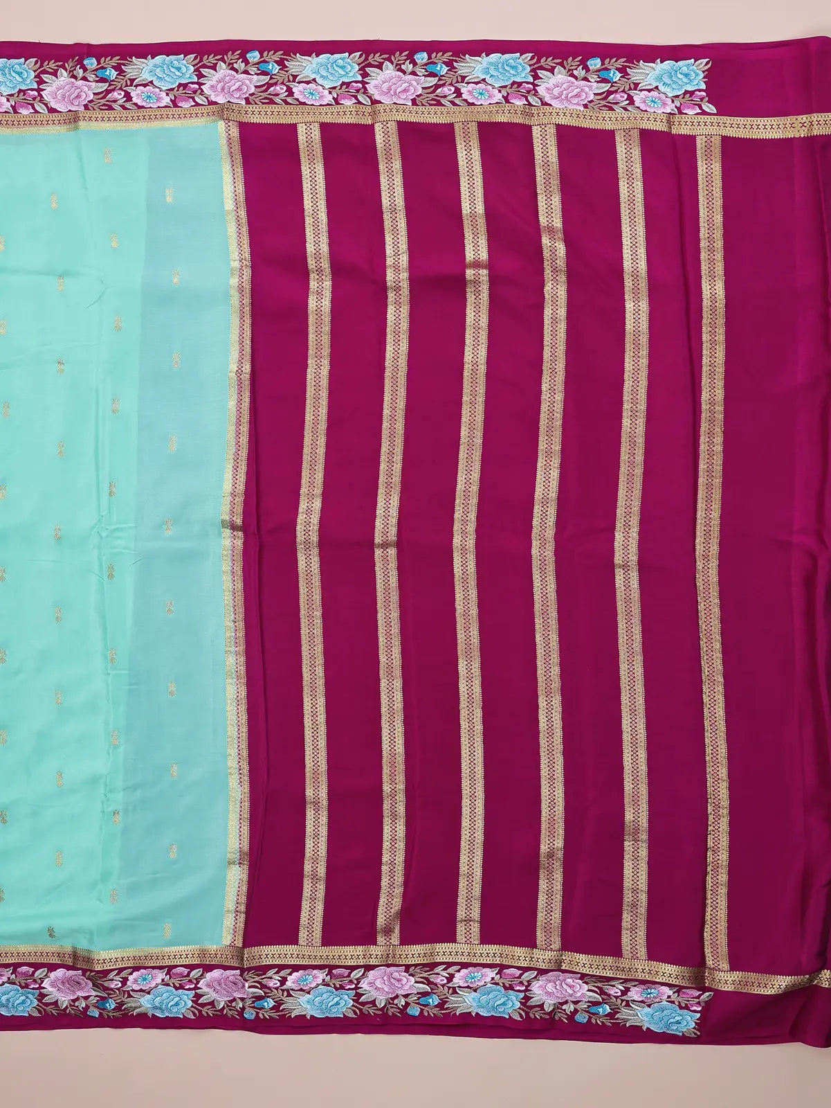 Valli’s Pista Green & Rani Pink | Pure Crepe Silk Embroidery Saree