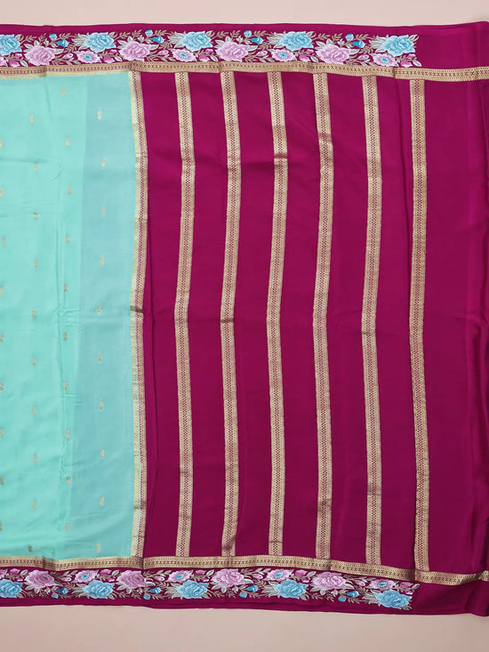 Valli’s Pista Green & Rani Pink | Pure Crepe Silk Embroidery Saree
