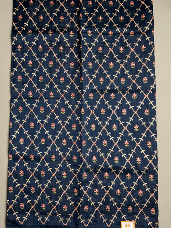 Midnight Blue Matka Silk Saree with Geometric Embroidery