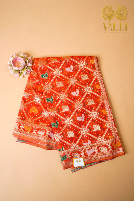 Vibrant Orange Banarasi Georgette Silk Saree with Bird Jaal Weave