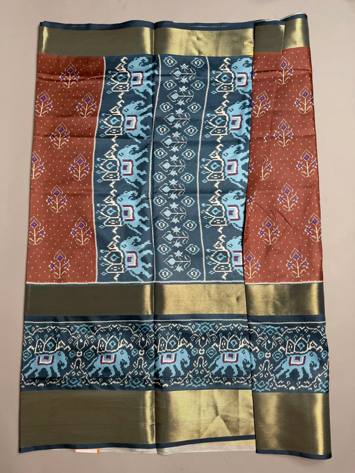 Plum Ikat Semi Silk Saree with Grey Elephant Border