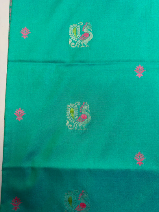 Peacock  motif soft silk Teal green Semi Silk Saree with Rich Jacquard Pallu
