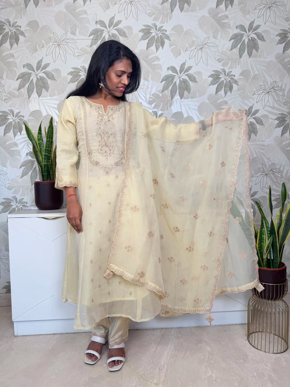 Tissue Salwar Set with Zardozi Mango Neck Work