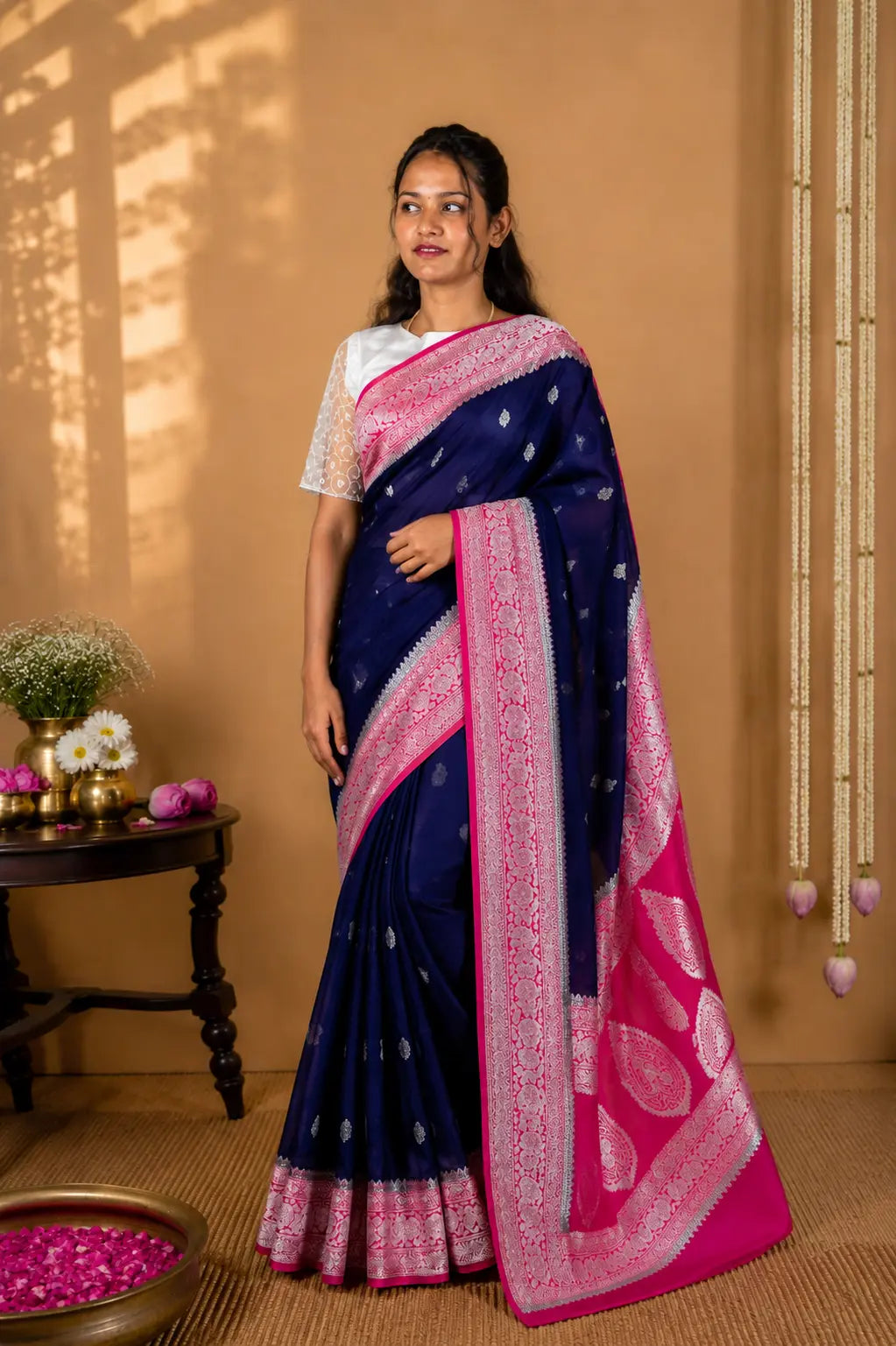 Dark Blue Chiffon Saree with Elegant Silver Contrast Border