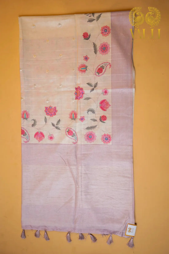   Ivory & Pastel Pink Tussar Silk Saree with Floral Digital Print & Zari Border
