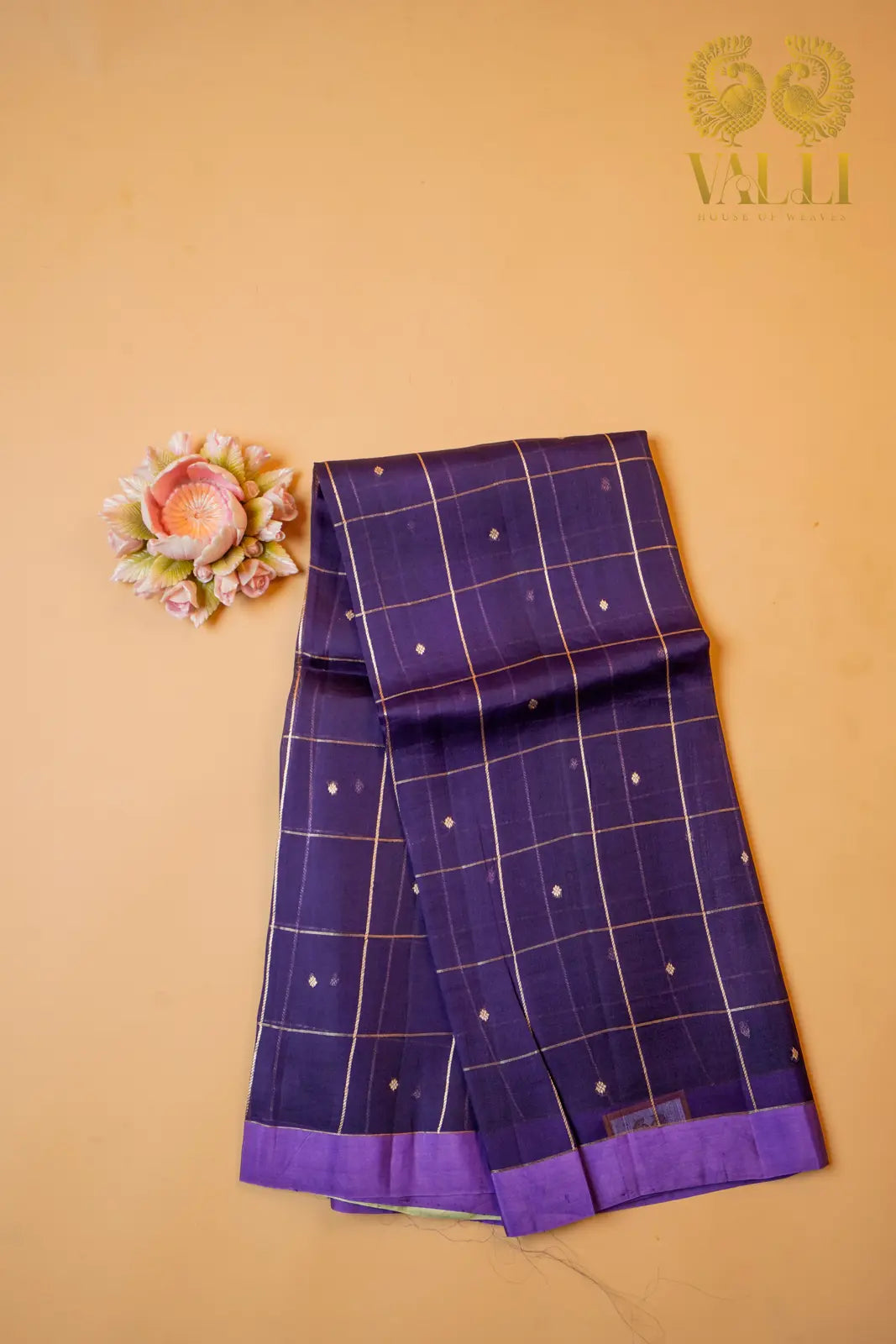 Purple Kora Organza Saree with Contrast Pista Green Checked Blouse