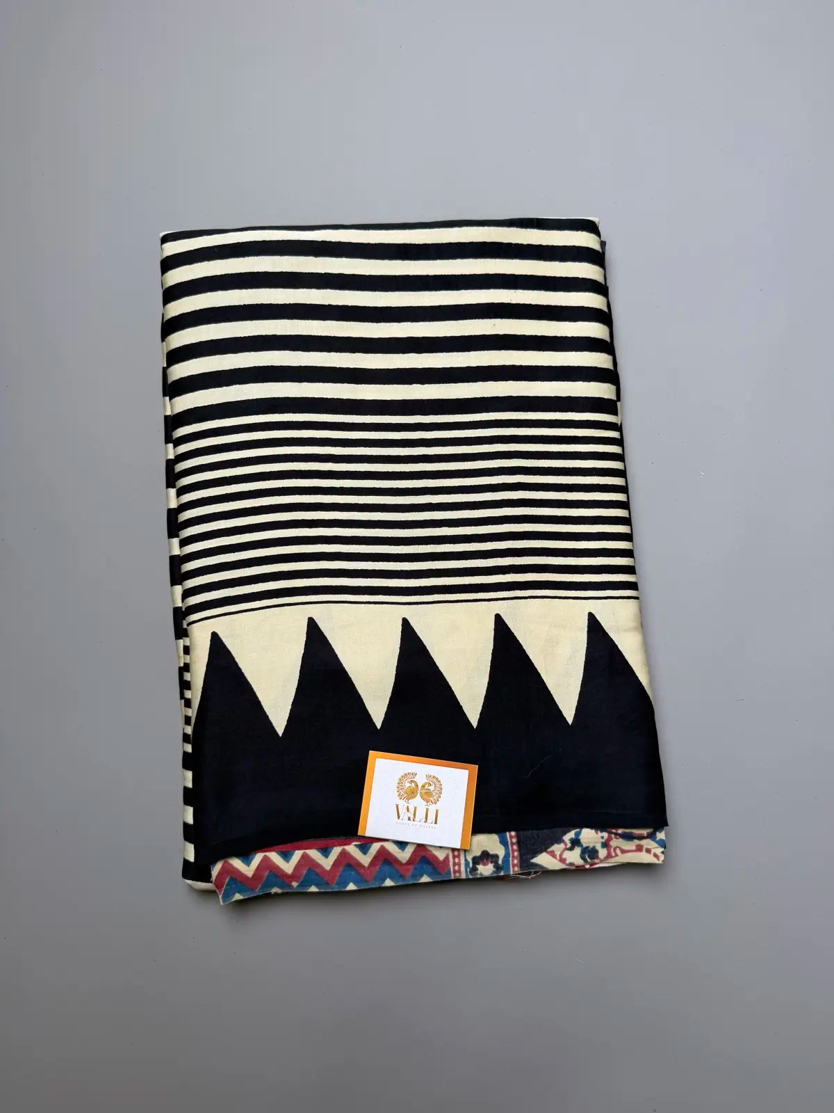 Contemporary black stripes Modal Silk Saree with Ajrakh Elegance