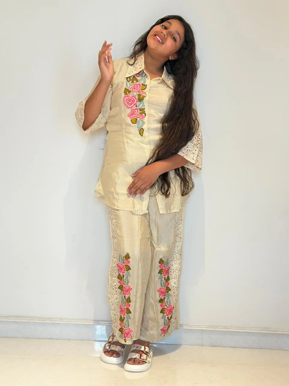 Ivory white Embroidered Coord Set with cut work