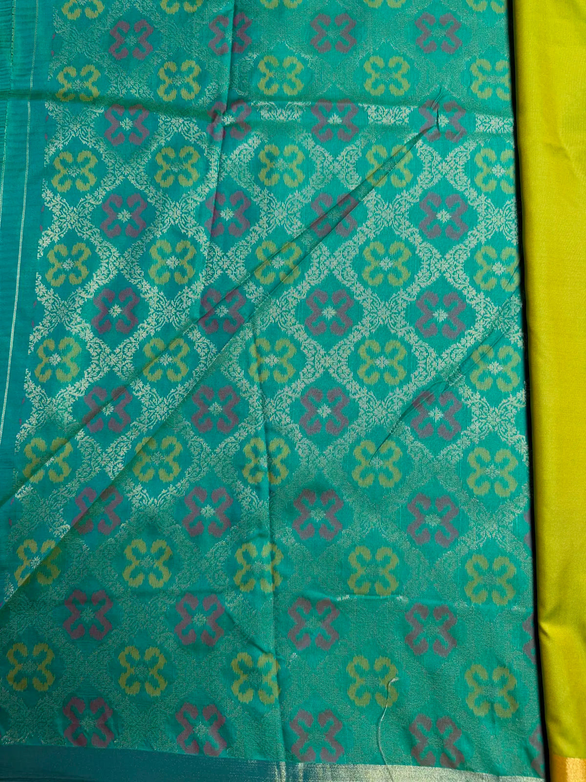 Parrot Green Saree with Heavy Ikat Turquoise Pallu & Brocade Ikat Blouse