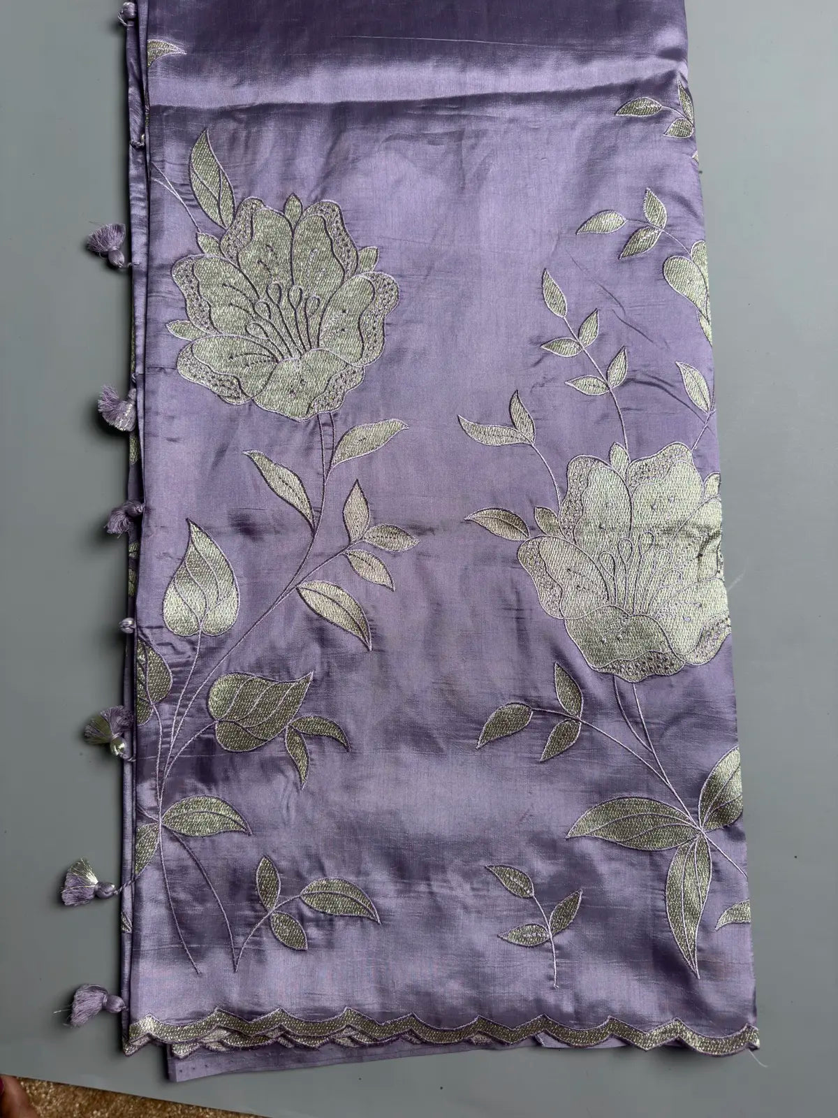 Lavender Satin Finish Saree with Silver Floral Embroidery