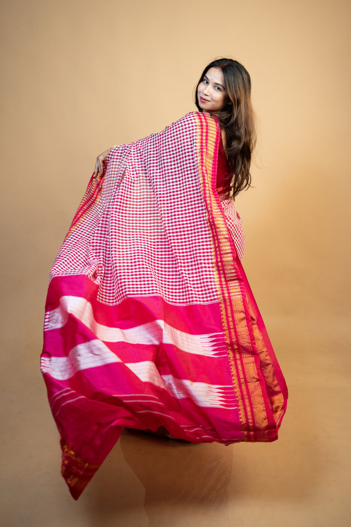 Pink Ilkal Saree – Tum Tum Checks with Tope Pallu