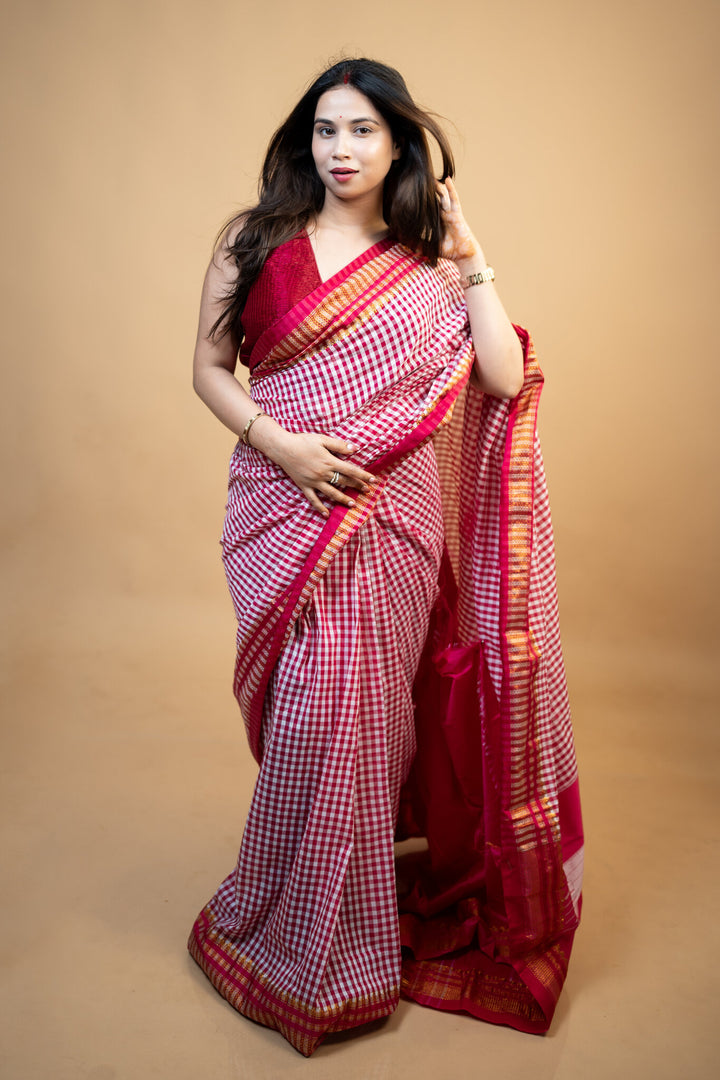 Pink Ilkal Saree – Tum Tum Checks with Tope Pallu