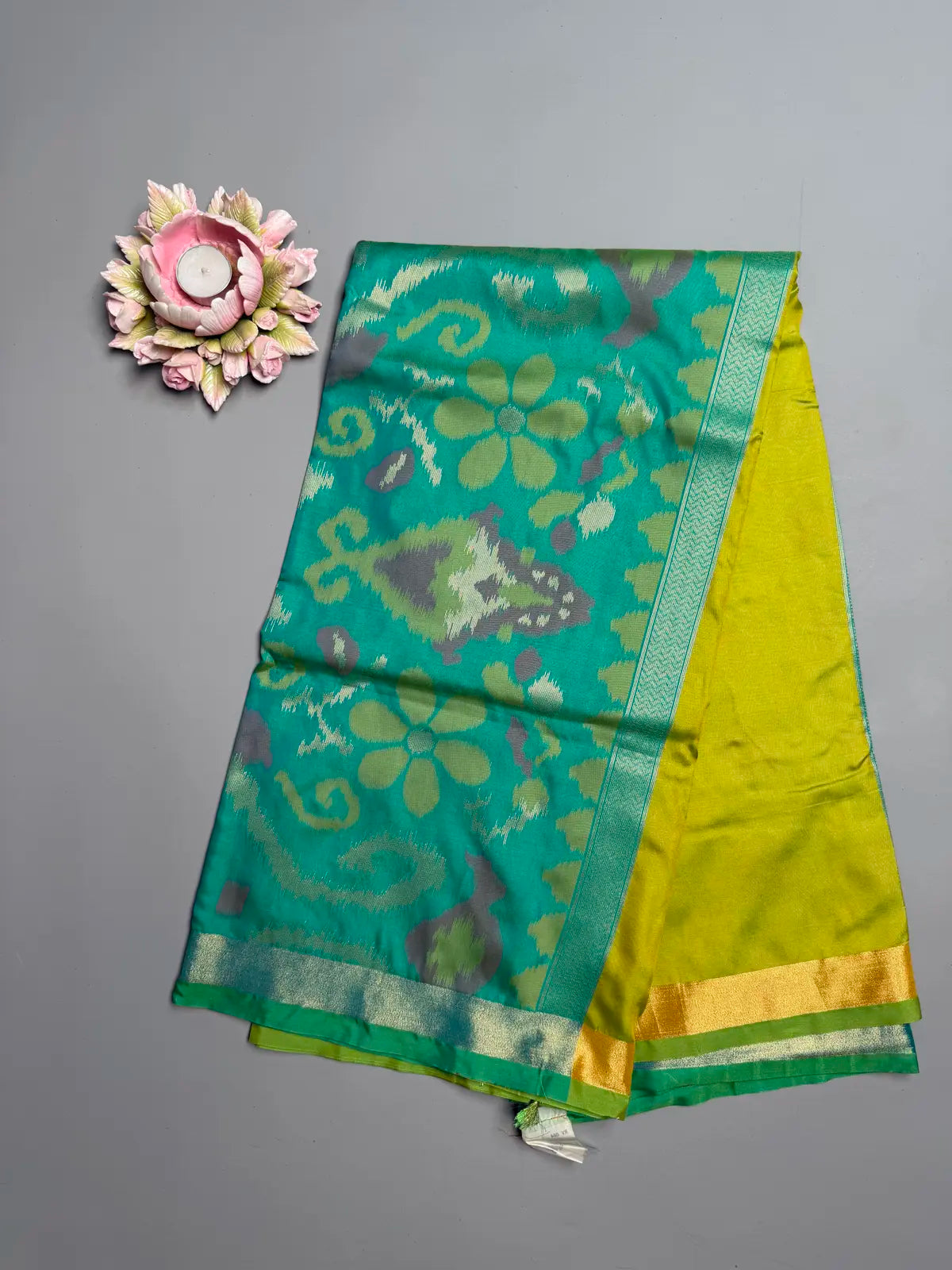 Parrot Green Saree with Heavy Ikat Turquoise Pallu & Brocade Ikat Blouse
