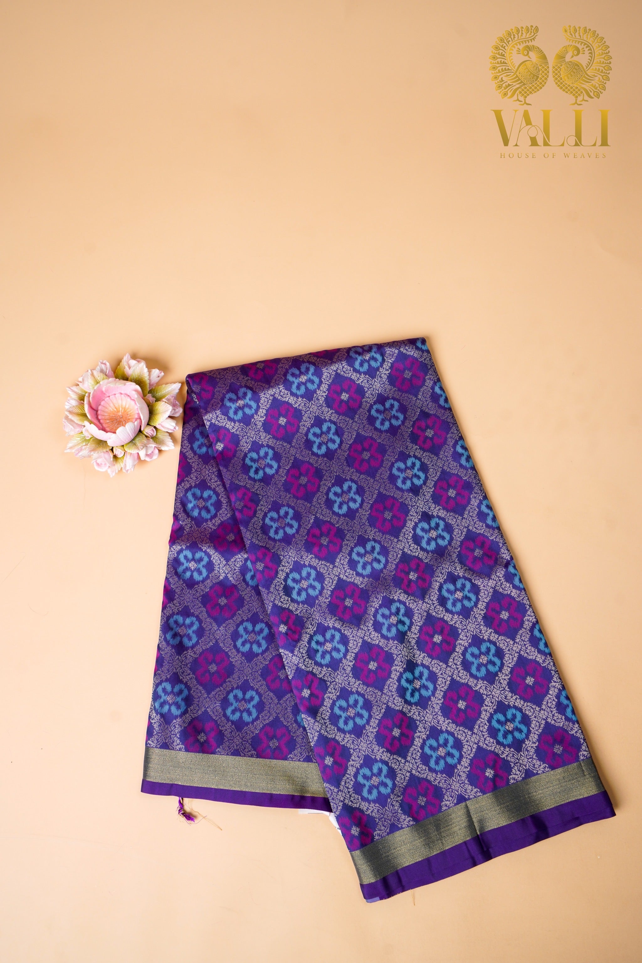 Teal blue  Saree with Heavy Ikat dark blue Pallu & Zari Border