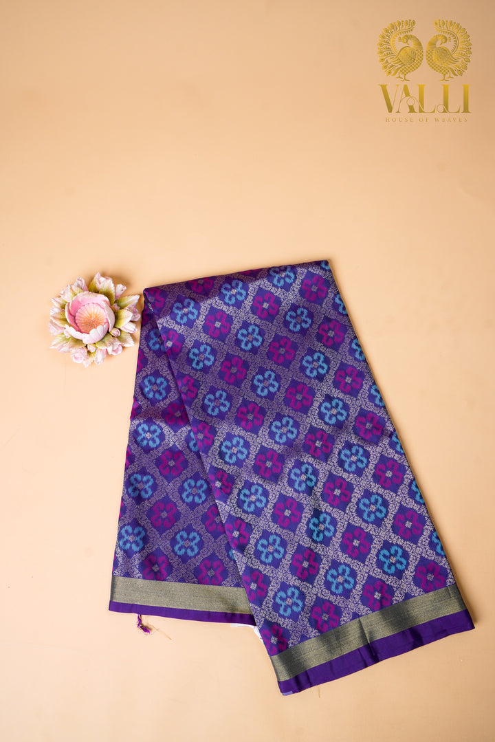 Teal blue  Green Saree with Heavy Ikat dark blue Pallu & Zari Border