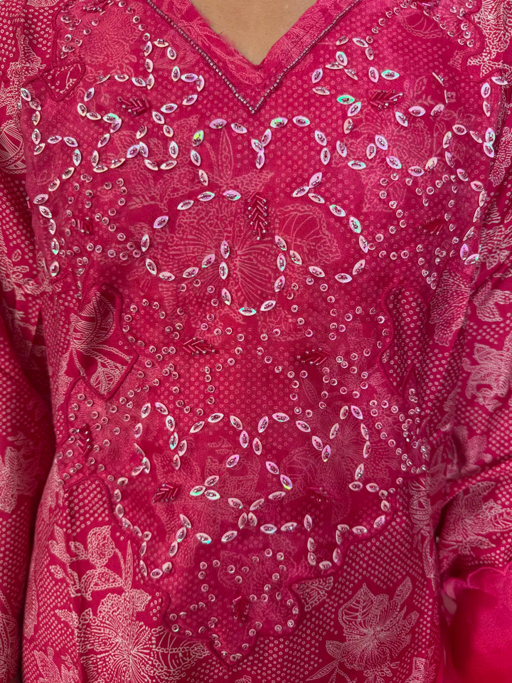Pink Muslin Cotton Salwar Set with Appliqué Neck Work