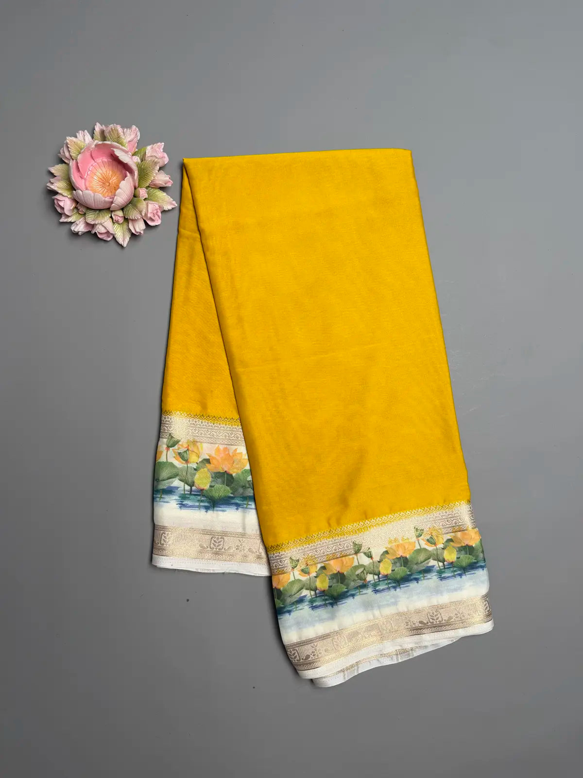  Mustard Yellow Semi Crepe Silk Saree with Lotus digital Print