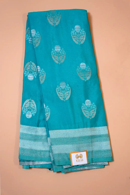  Teal Blue Tissue Silk Saree with Silver Zari Work