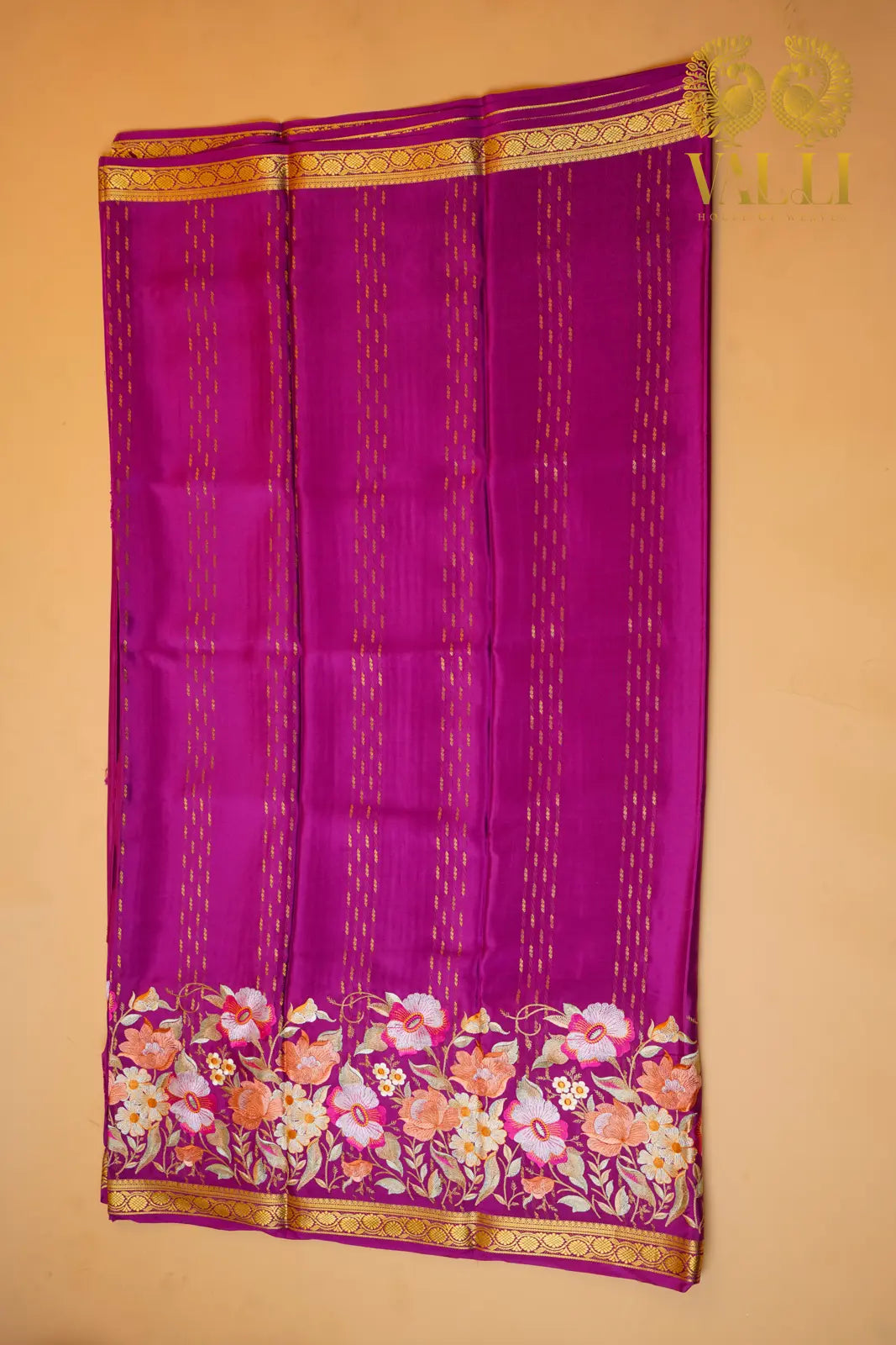 Plum Purple Mysore Crepe Silk Saree with Embroidered Border
