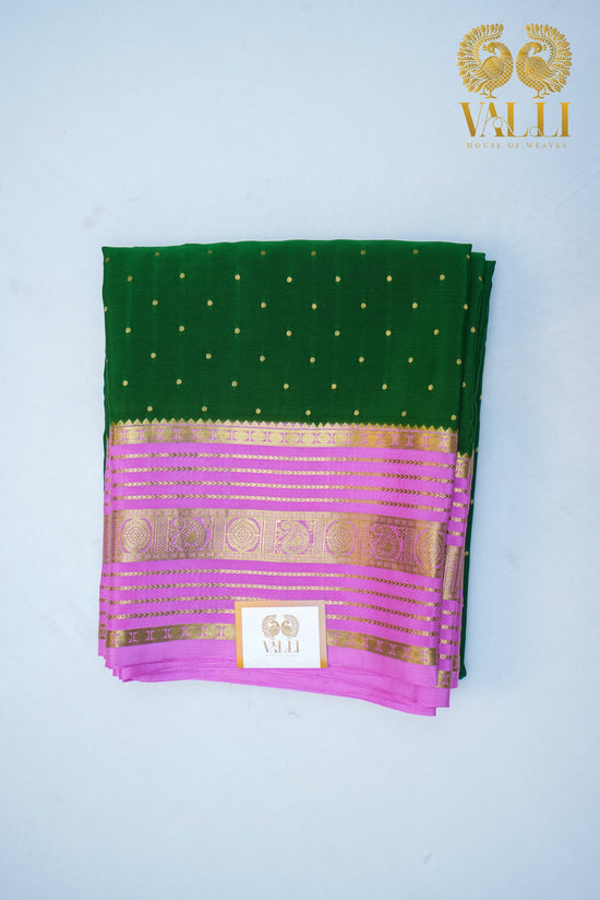 Emerald Green 120 GSM Pure Mysore Crepe Silk Saree with Baby Pink Contrast Border & Pallu