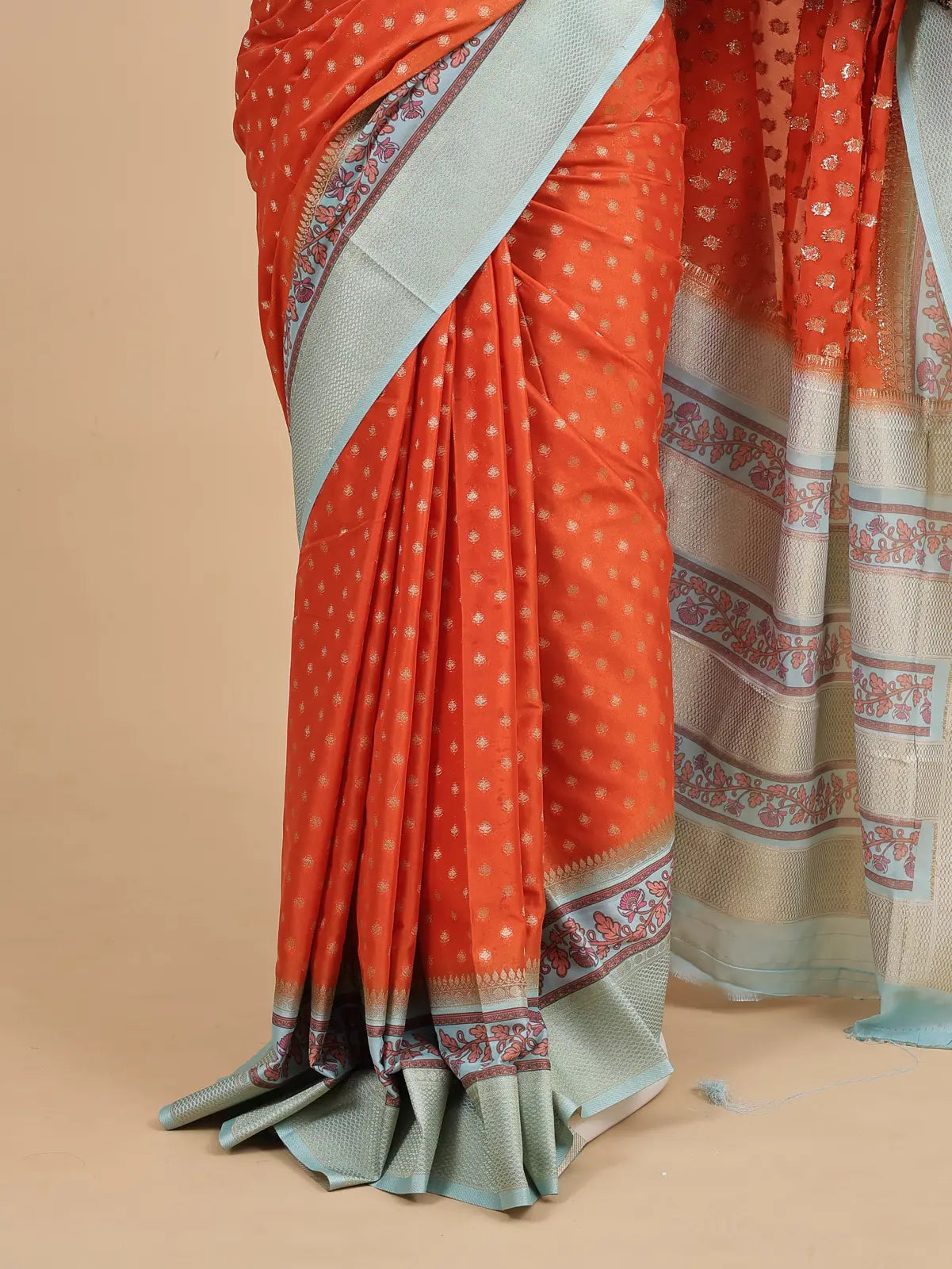 Soft Silk Saree – Orange with Gold Butta & Sea Green Kalamkari Border