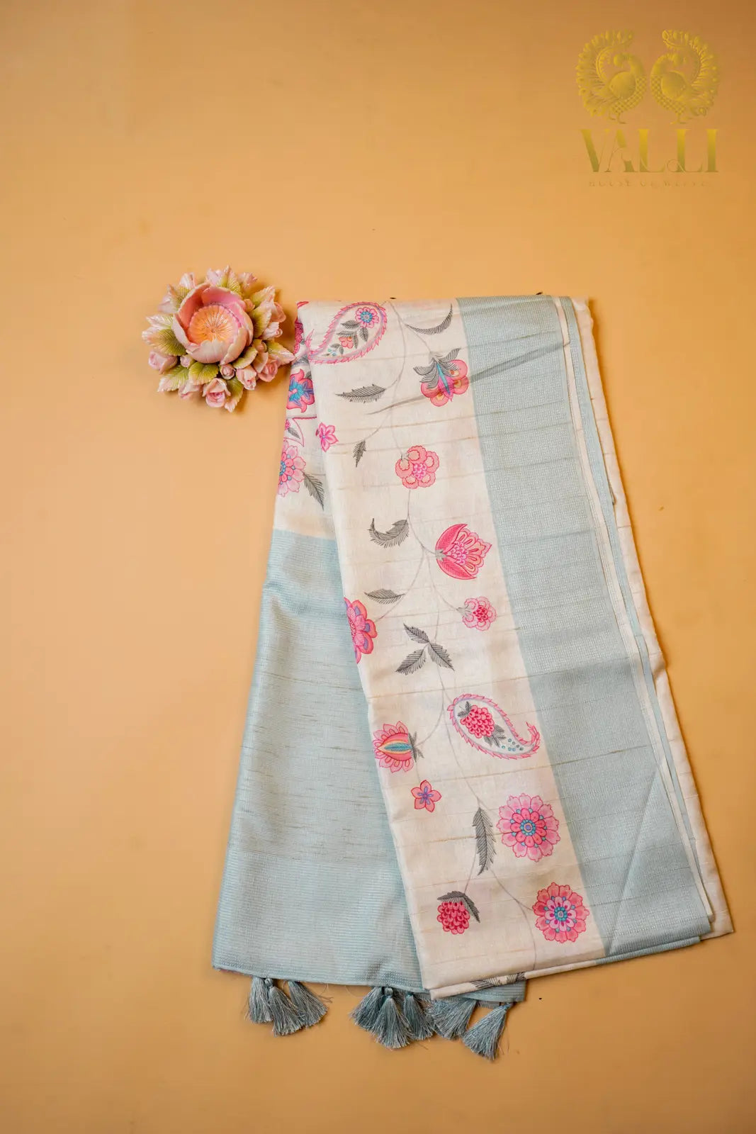 Ivory & Pastel Blue Tussar Silk Saree with Floral Digital Print & Zari Border