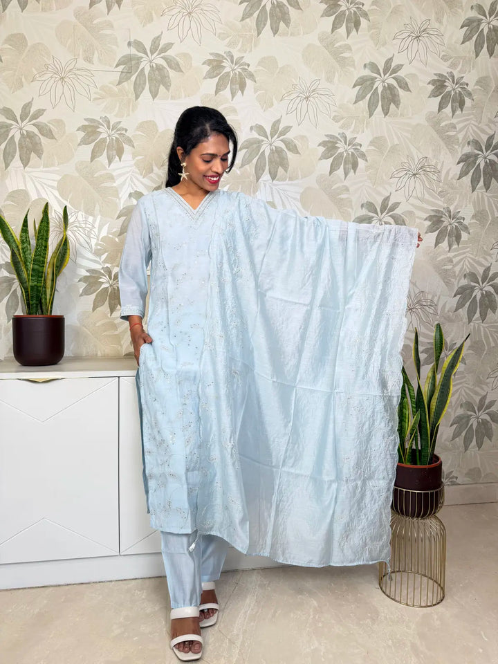 Light Blue Organza Salwar Set with Floral Thread Embroidery