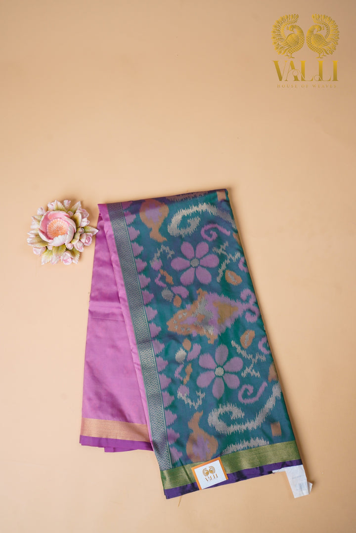 Onion Pink Saree with Heavy Ikat Green Pallu & Brocade Blouse