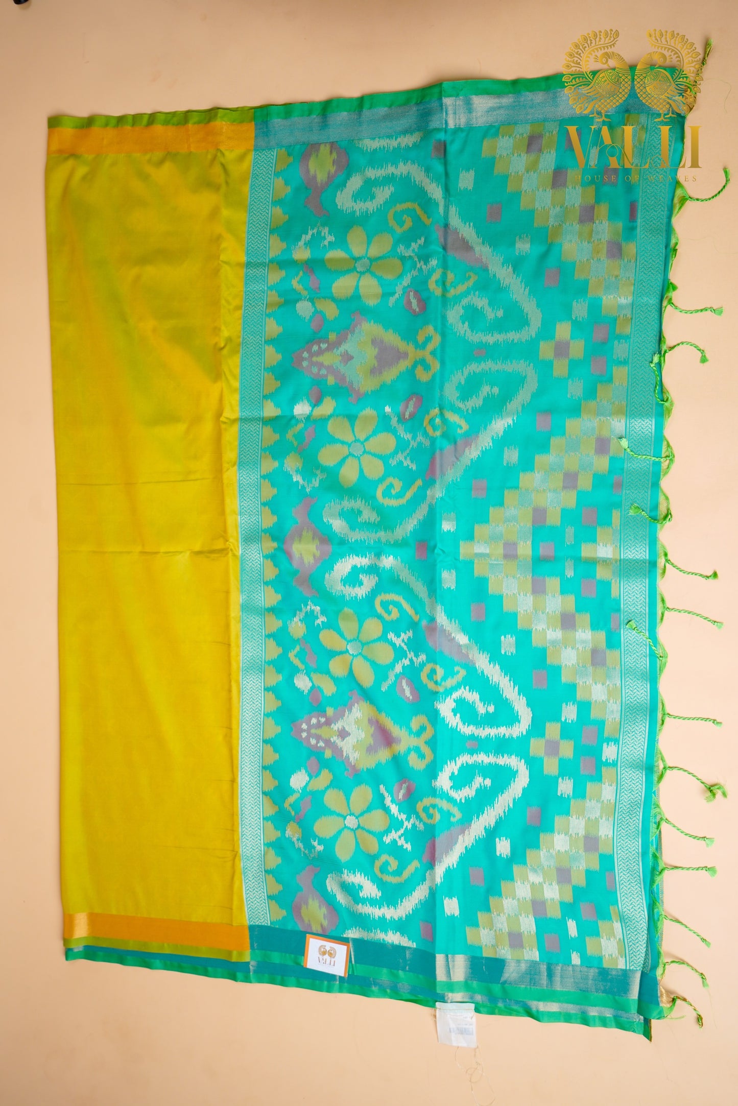 Ikkat Pallu Semi Silk Saree – Yellow Body with Heavy Ikkat Pallu & Pink Brocade Blouse