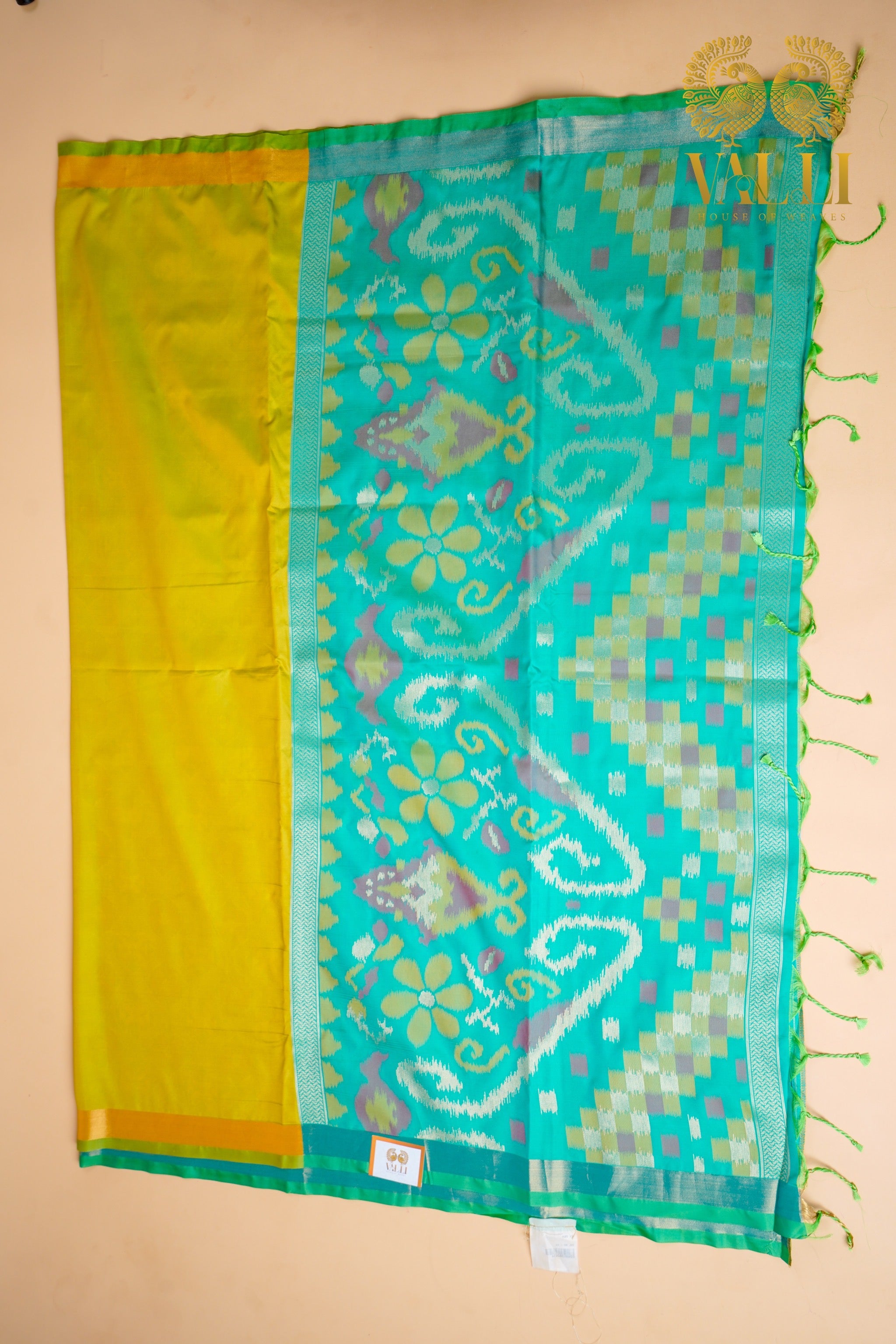 Ikkat Pallu Semi Silk Saree – Yellow Body with Heavy Ikkat Pallu & Pink Brocade Blouse
