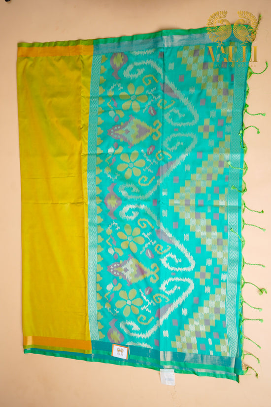 Ikkat Pallu Semi Silk Saree – Yellow Body with Heavy Ikkat Pallu & Pink Brocade Blouse