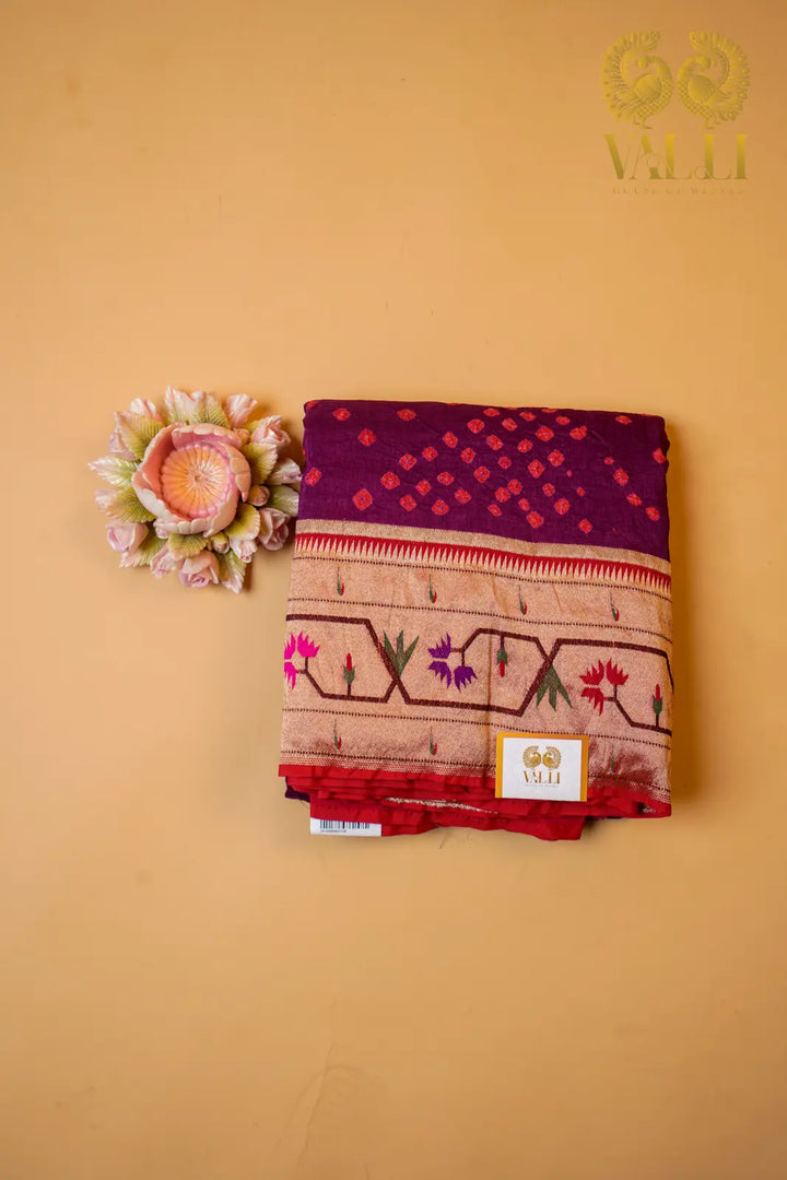 Bhandini Saree with Paithani Border & Pallu – Royal Purple Elegance with red butta blouse 
