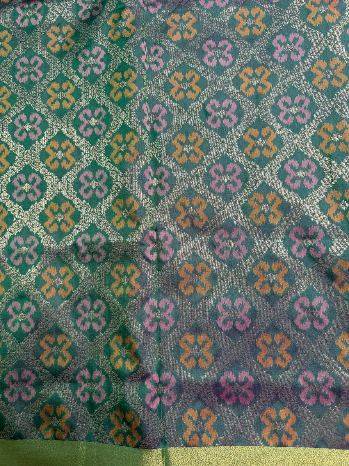 Onion Pink Saree with Heavy Ikat Green Pallu & Brocade Blouse